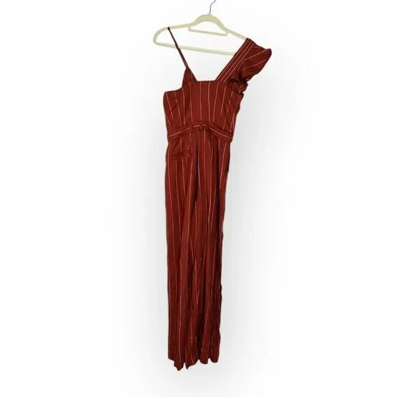 Three Floor Margaux Jumpsuit Womens 2 Burnt Orange Linen Striped Ruffle NWT - Picture 4 of 10